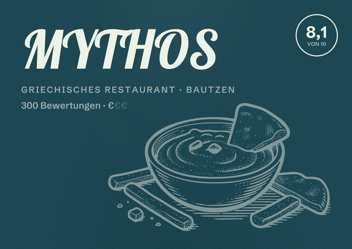 Illustriertes Poster von MYTHOS, Griechisches Restaurant in Bautzen: Bewertung 8,1 von 10 aus 300 Bewertungen, Preisniveau €