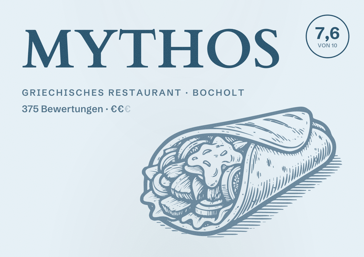 Illustriertes Poster von MYTHOS, Griechisches Restaurant in Bocholt: Bewertung 7,6 von 10 aus 375 Bewertungen, Preisniveau €€