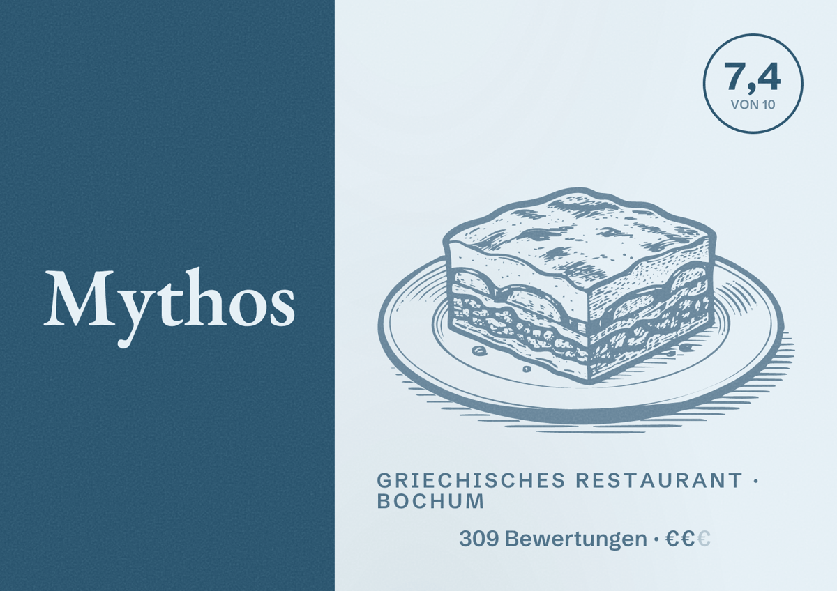 Illustriertes Poster von Mythos, Griechisches Restaurant in Bochum: Bewertung 7,4 von 10 aus 309 Bewertungen, Preisniveau €€