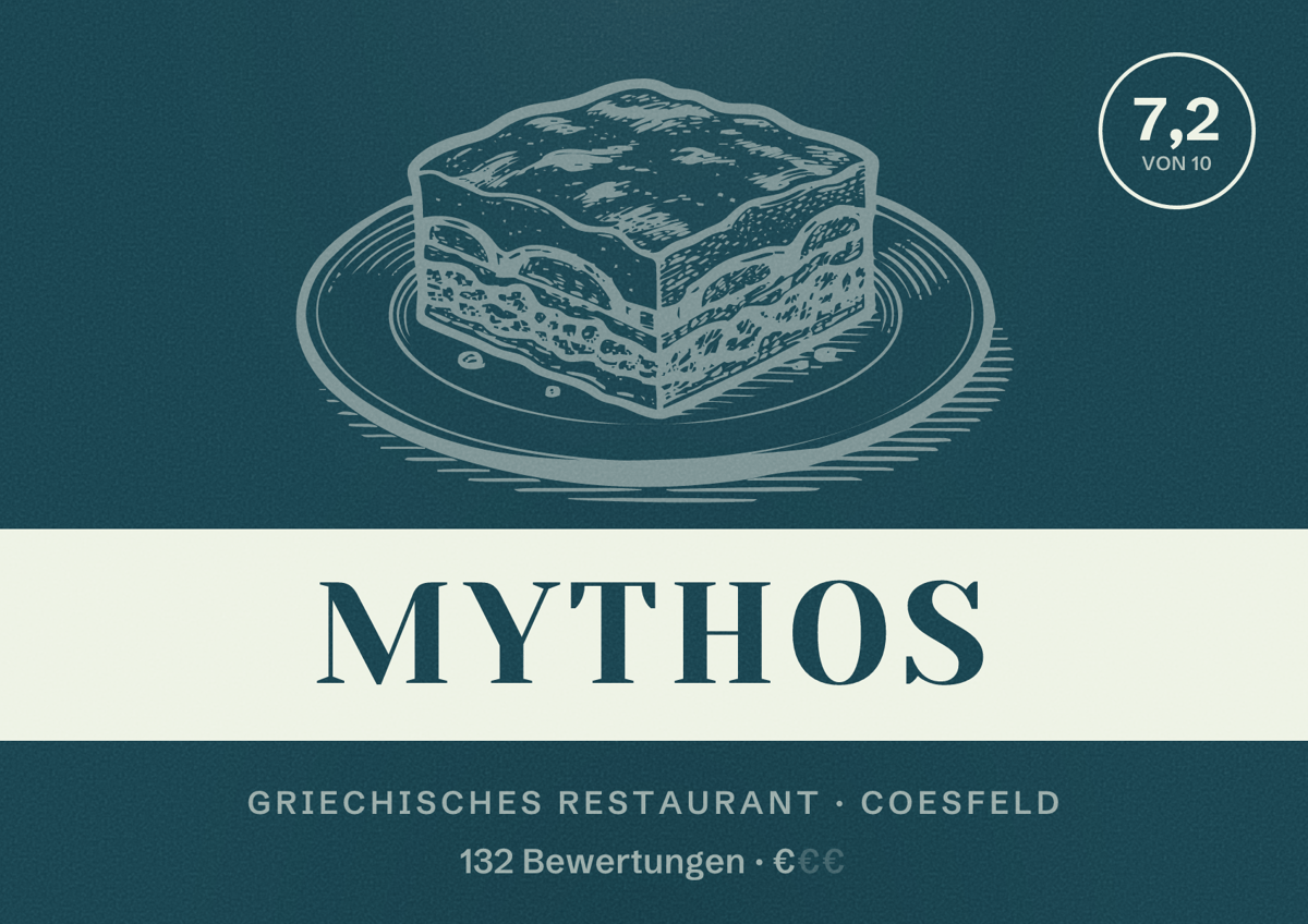 Illustriertes Poster von Mythos, Griechisches Restaurant in Coesfeld: Bewertung 7,2 von 10 aus 132 Bewertungen, Preisniveau €