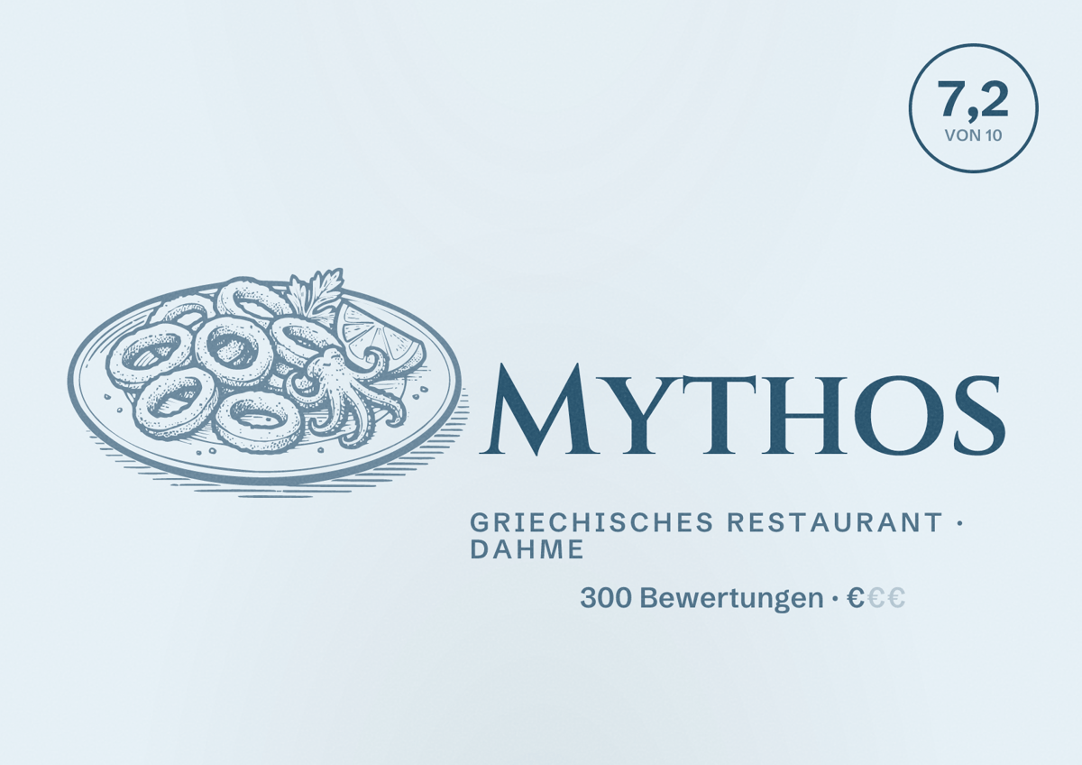 Illustriertes Poster von Mythos, Griechisches Restaurant in Dahme: Bewertung 7,2 von 10 aus 300 Bewertungen, Preisniveau €