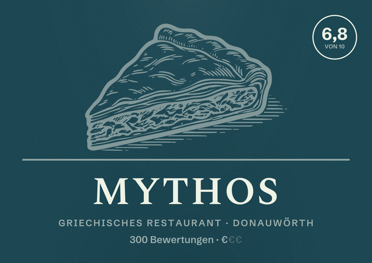 Illustriertes Poster von Mythos, Griechisches Restaurant in Donauwörth: Bewertung 6,8 von 10 aus 300 Bewertungen, Preisniveau €