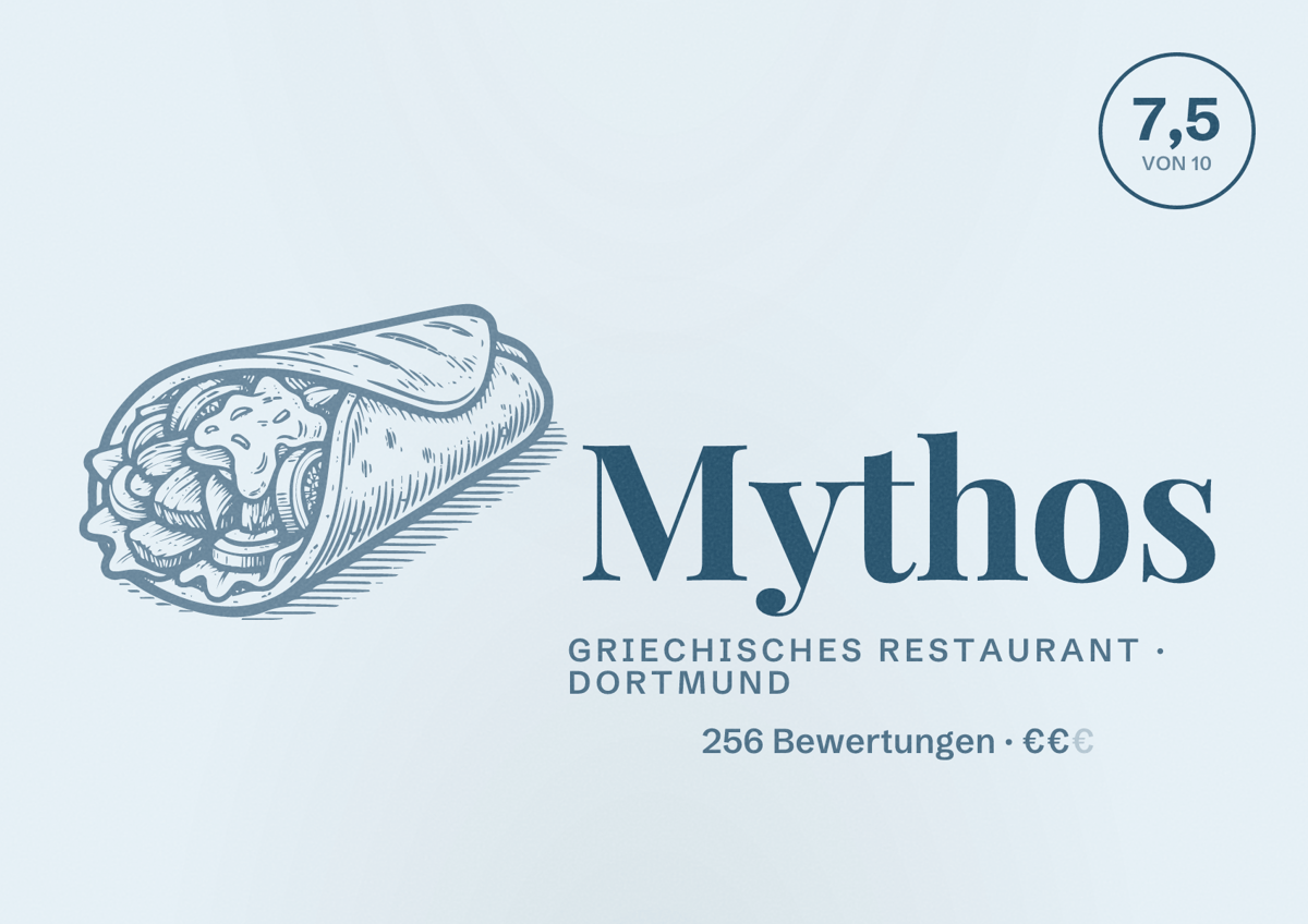 Illustriertes Poster von Mythos, Griechisches Restaurant in Dortmund: Bewertung 7,5 von 10 aus 256 Bewertungen, Preisniveau €€