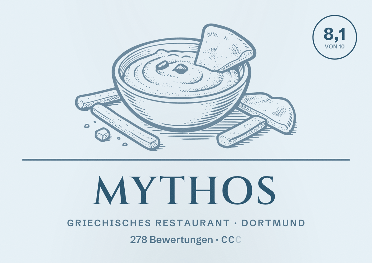 Illustriertes Poster von Mythos, Griechisches Restaurant in Dortmund: Bewertung 8,1 von 10 aus 278 Bewertungen, Preisniveau €€