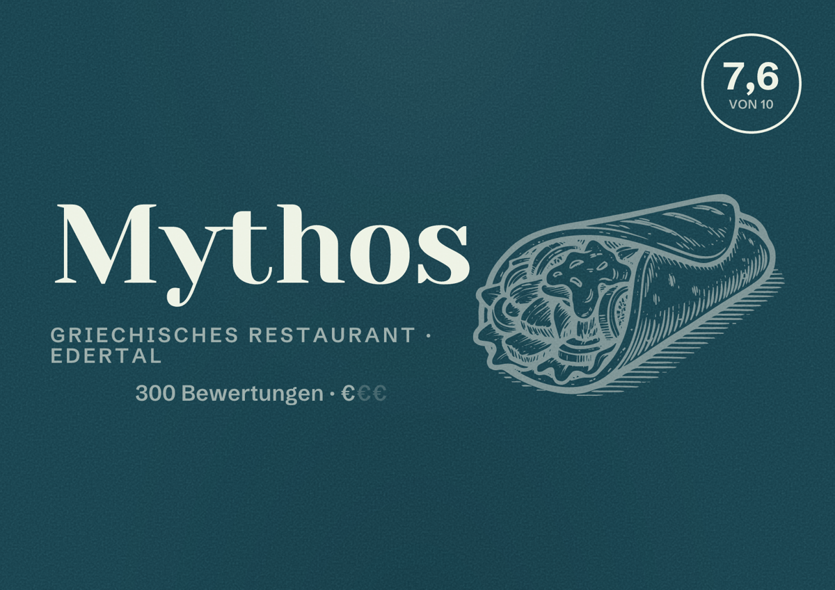 Illustriertes Poster von Mythos, Griechisches Restaurant in Edertal: Bewertung 7,6 von 10 aus 300 Bewertungen, Preisniveau €