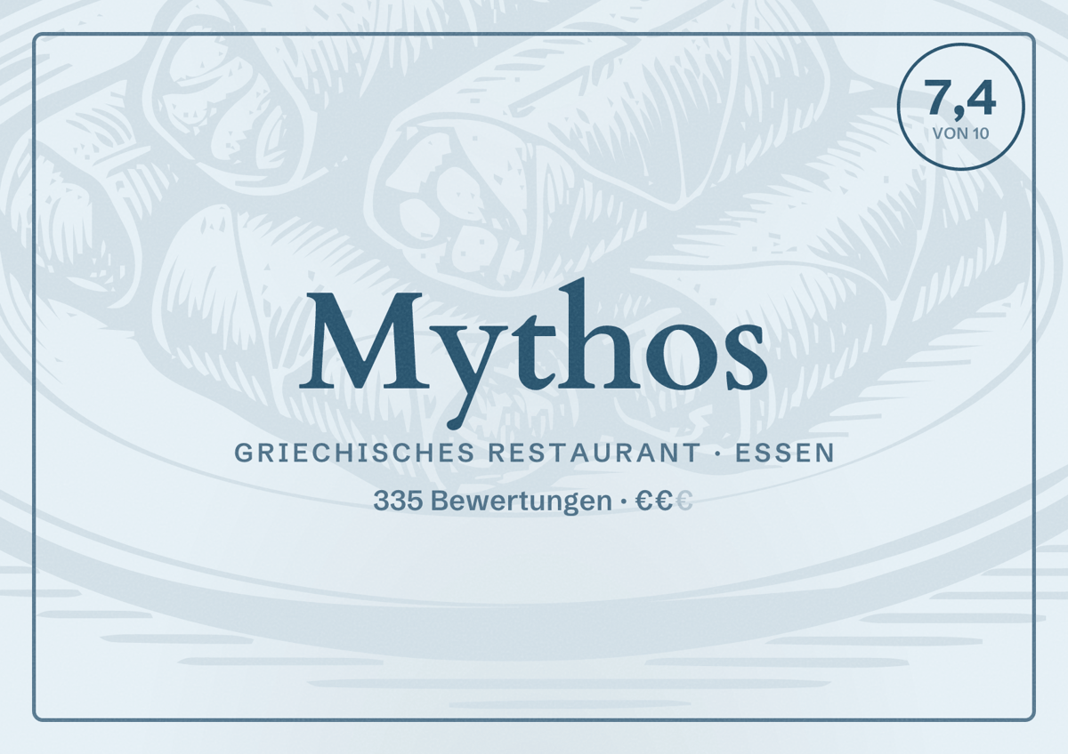 Illustriertes Poster von Mythos, Griechisches Restaurant in Essen: Bewertung 7,4 von 10 aus 335 Bewertungen, Preisniveau €€