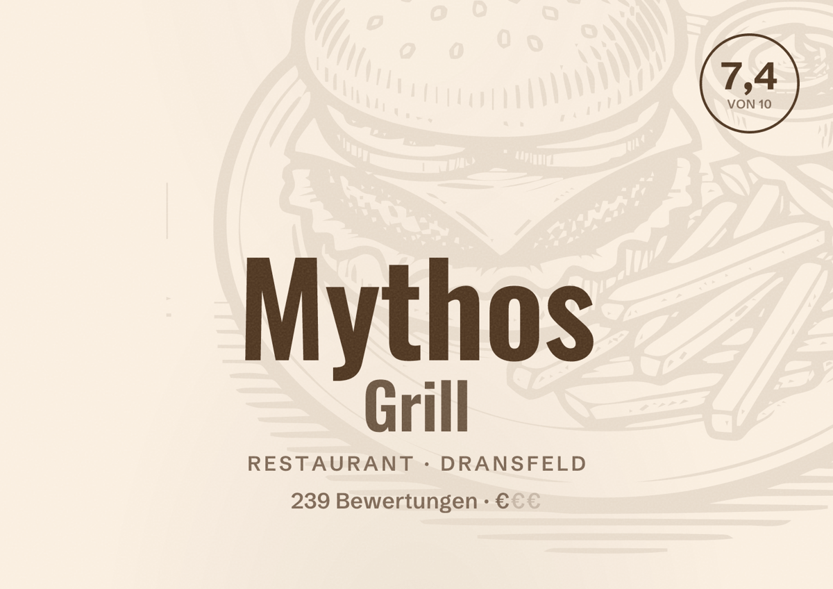 Illustriertes Poster von Mythos Grill, Restaurant in Dransfeld: Bewertung 7,4 von 10 aus 239 Bewertungen, Preisniveau €