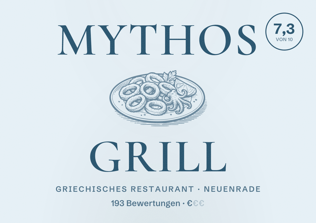 Illustriertes Poster von Mythos Grill, Griechisches Restaurant in Neuenrade: Bewertung 7,3 von 10 aus 193 Bewertungen, Preisniveau €