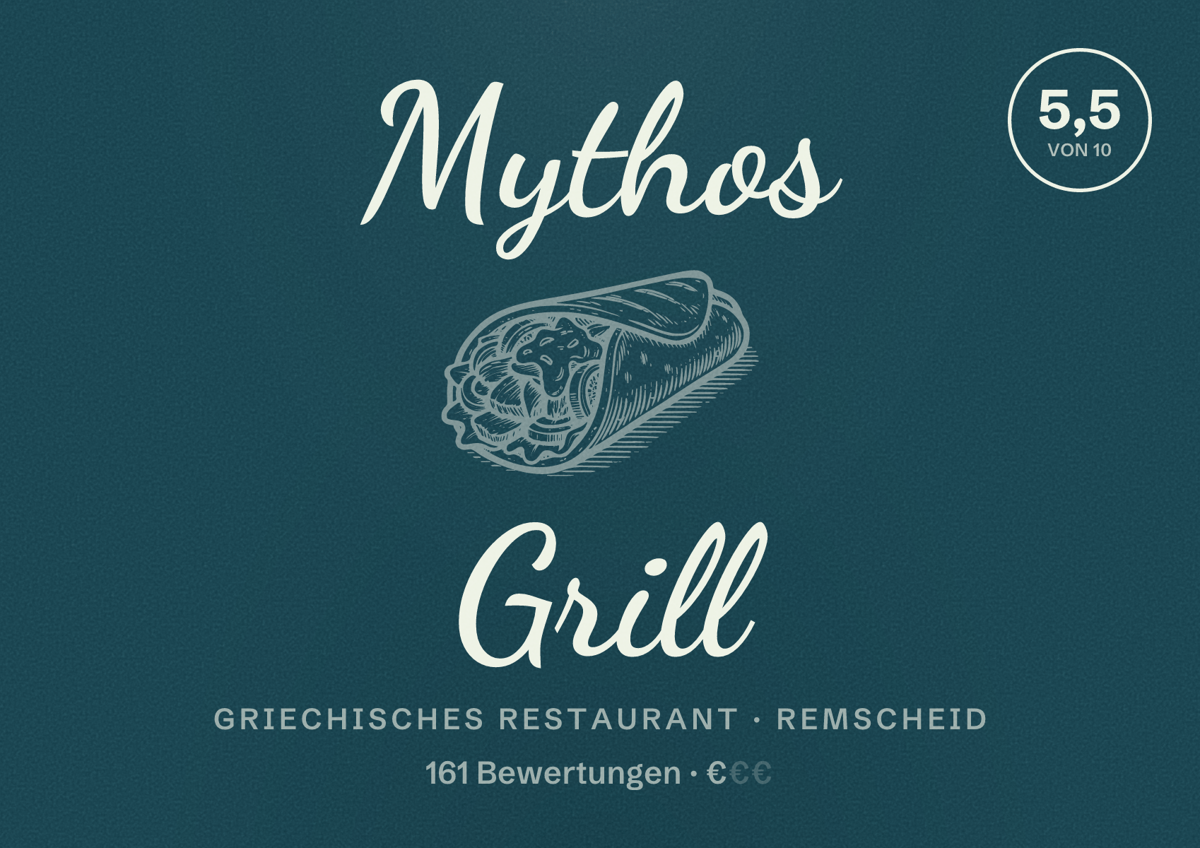 Illustriertes Poster von Mythos Grill, Griechisches Restaurant in Remscheid: Bewertung 5,5 von 10 aus 161 Bewertungen, Preisniveau €