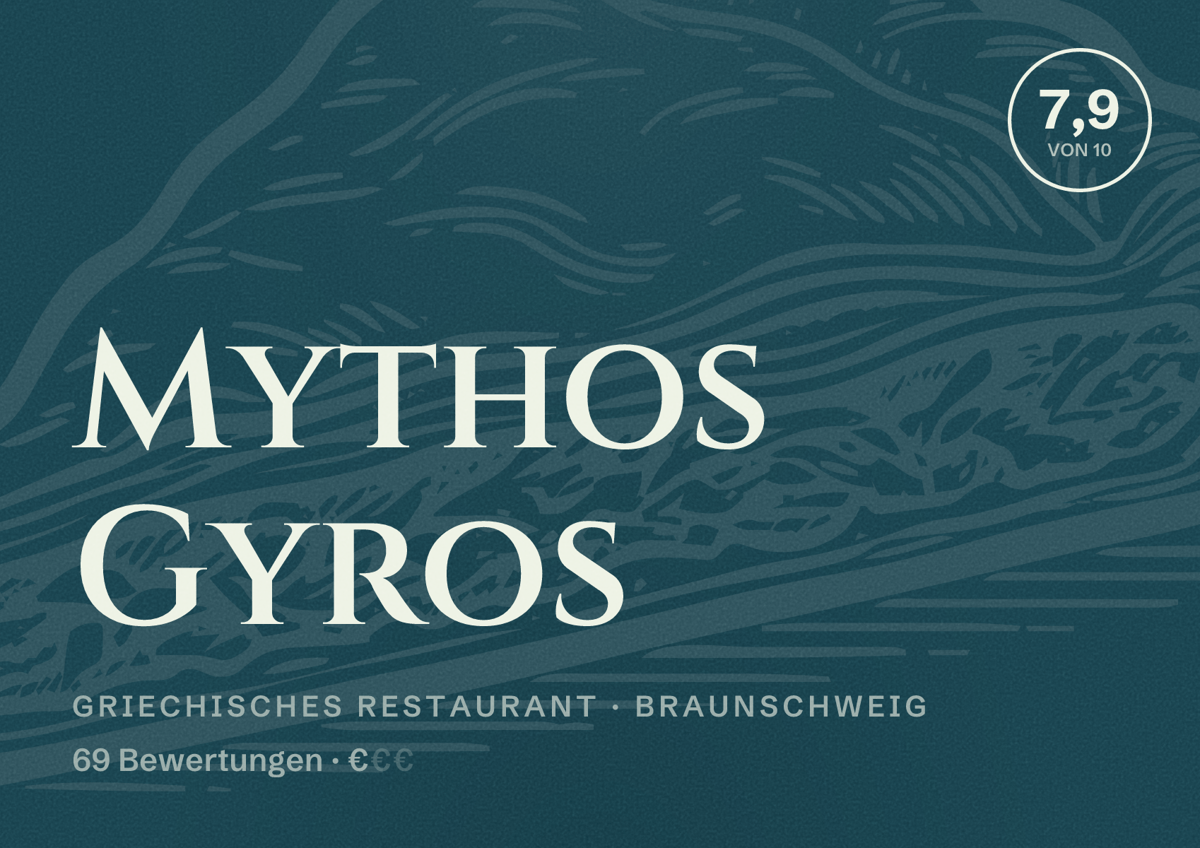 Illustriertes Poster von Mythos Gyros, Griechisches Restaurant in Braunschweig: Bewertung 7,9 von 10 aus 69 Bewertungen, Preisniveau €