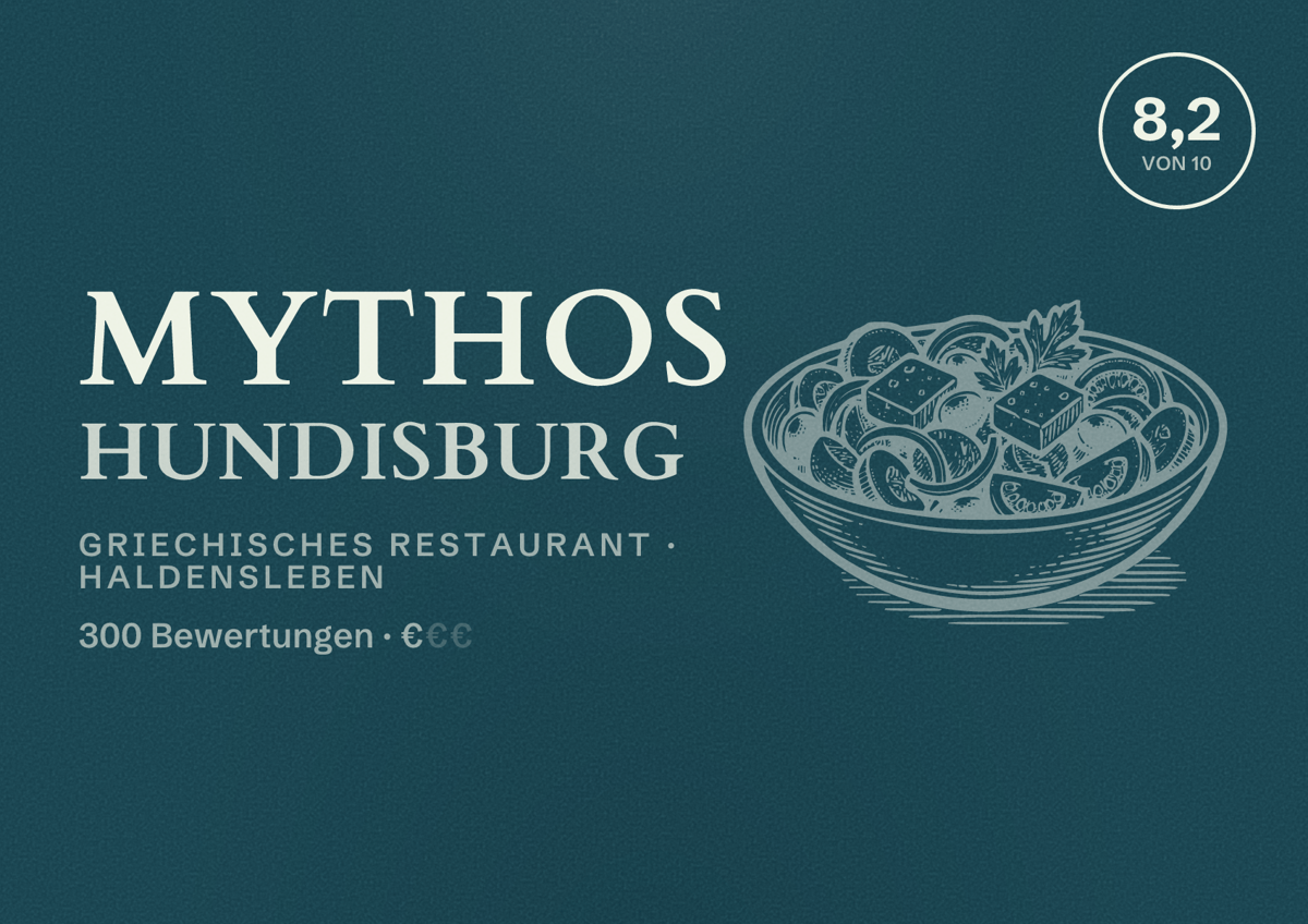 Illustriertes Poster von Mythos Hundisburg, Griechisches Restaurant in Haldensleben: Bewertung 8,2 von 10 aus 300 Bewertungen, Preisniveau €