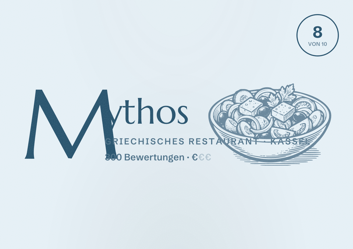 Illustriertes Poster von Mythos, Griechisches Restaurant in Kassel: Bewertung 8 von 10 aus 300 Bewertungen, Preisniveau €