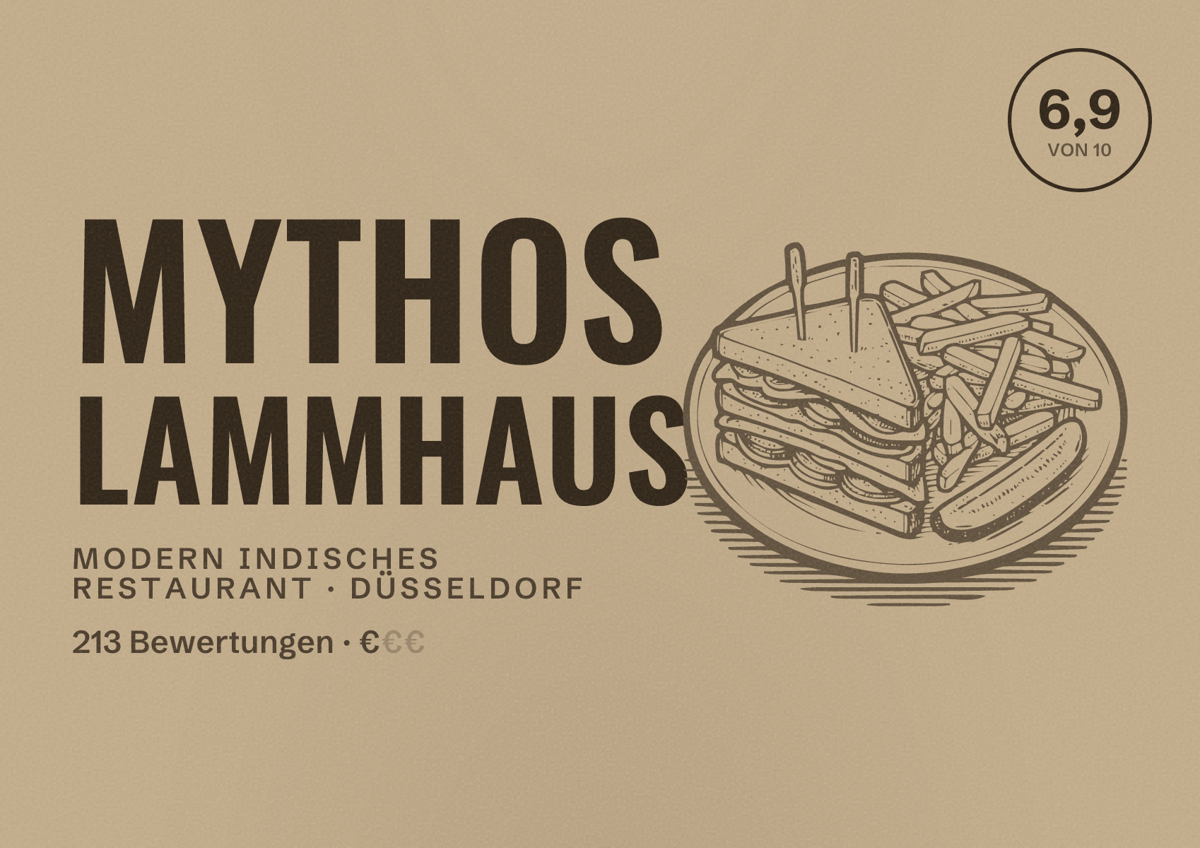 Illustriertes Poster von Mythos Lammhaus, Modern indisches Restaurant in Düsseldorf: Bewertung 6,9 von 10 aus 213 Bewertungen, Preisniveau €
