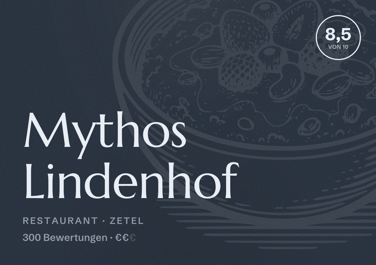 Illustriertes Poster von Mythos Lindenhof, Restaurant in Zetel: Bewertung 8,5 von 10 aus 300 Bewertungen, Preisniveau €€