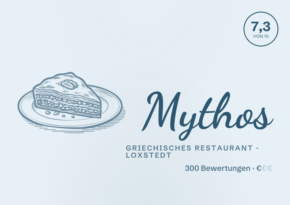 Illustriertes Poster von Mythos, Griechisches Restaurant in Loxstedt: Bewertung 7,3 von 10 aus 300 Bewertungen, Preisniveau €