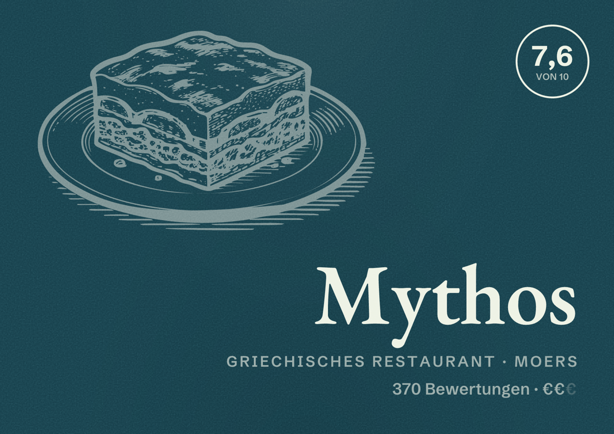 Illustriertes Poster von Mythos, Griechisches Restaurant in Moers: Bewertung 7,6 von 10 aus 370 Bewertungen, Preisniveau €€