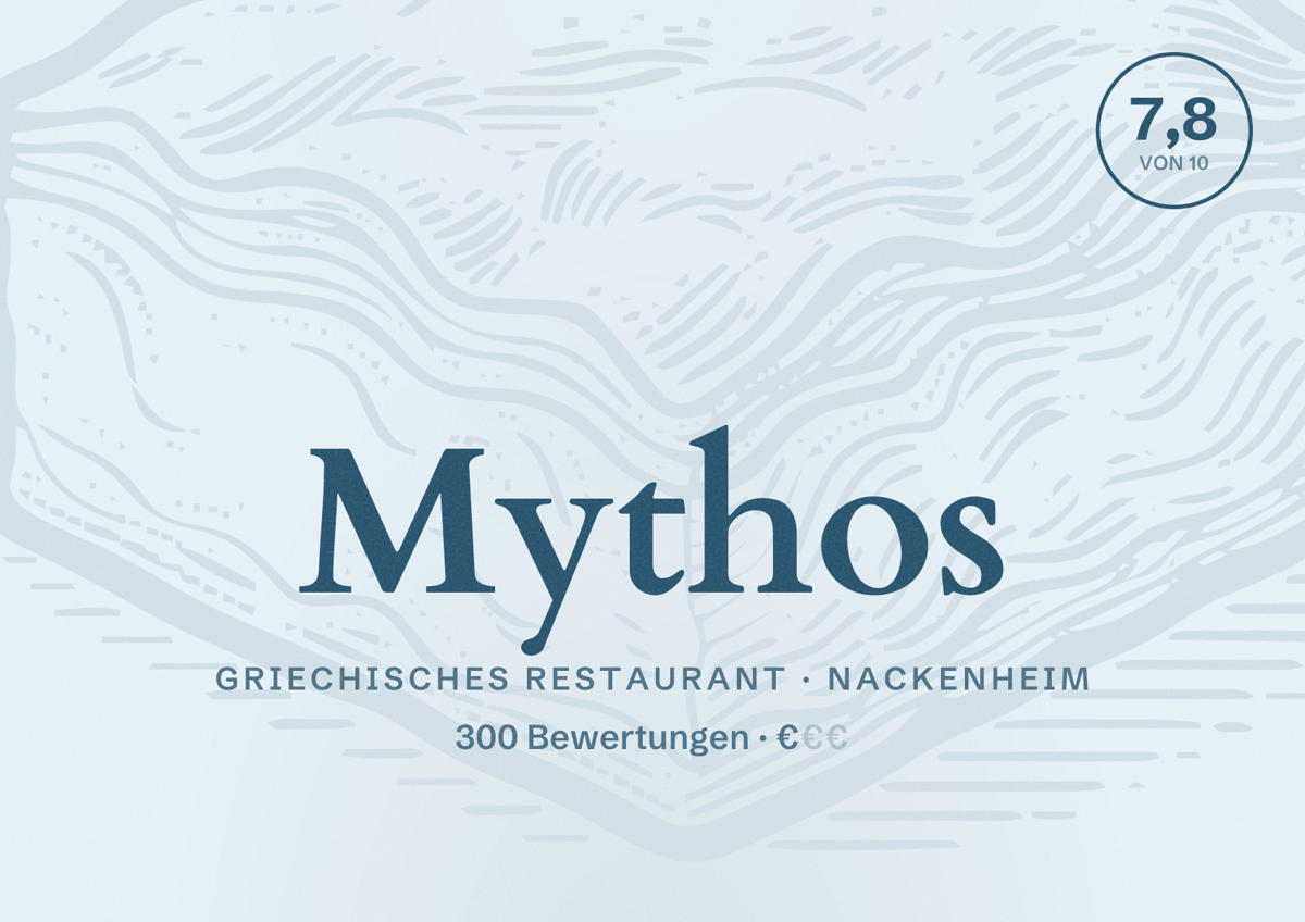 Illustriertes Poster von Mythos, Griechisches Restaurant in Nackenheim: Bewertung 7,8 von 10 aus 300 Bewertungen, Preisniveau €