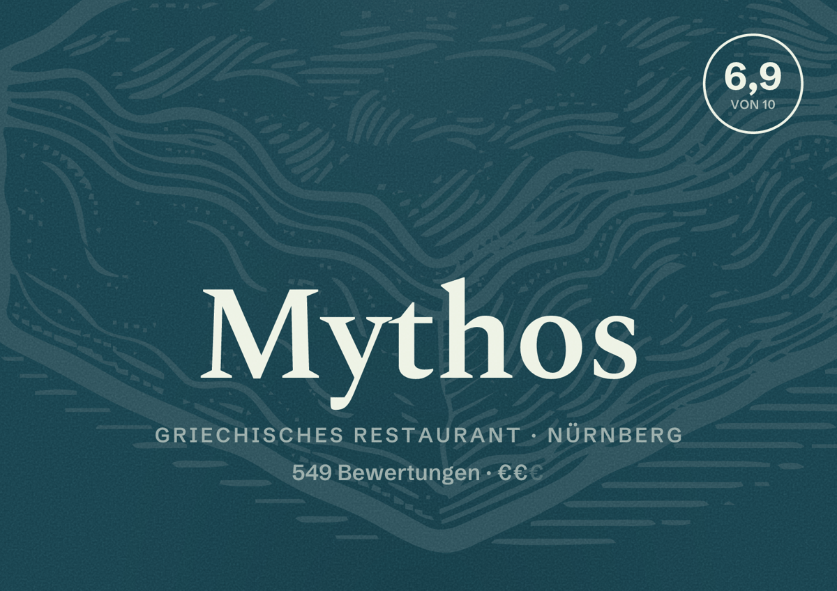 Illustriertes Poster von Mythos, Griechisches Restaurant in Nürnberg: Bewertung 6,9 von 10 aus 549 Bewertungen, Preisniveau €€