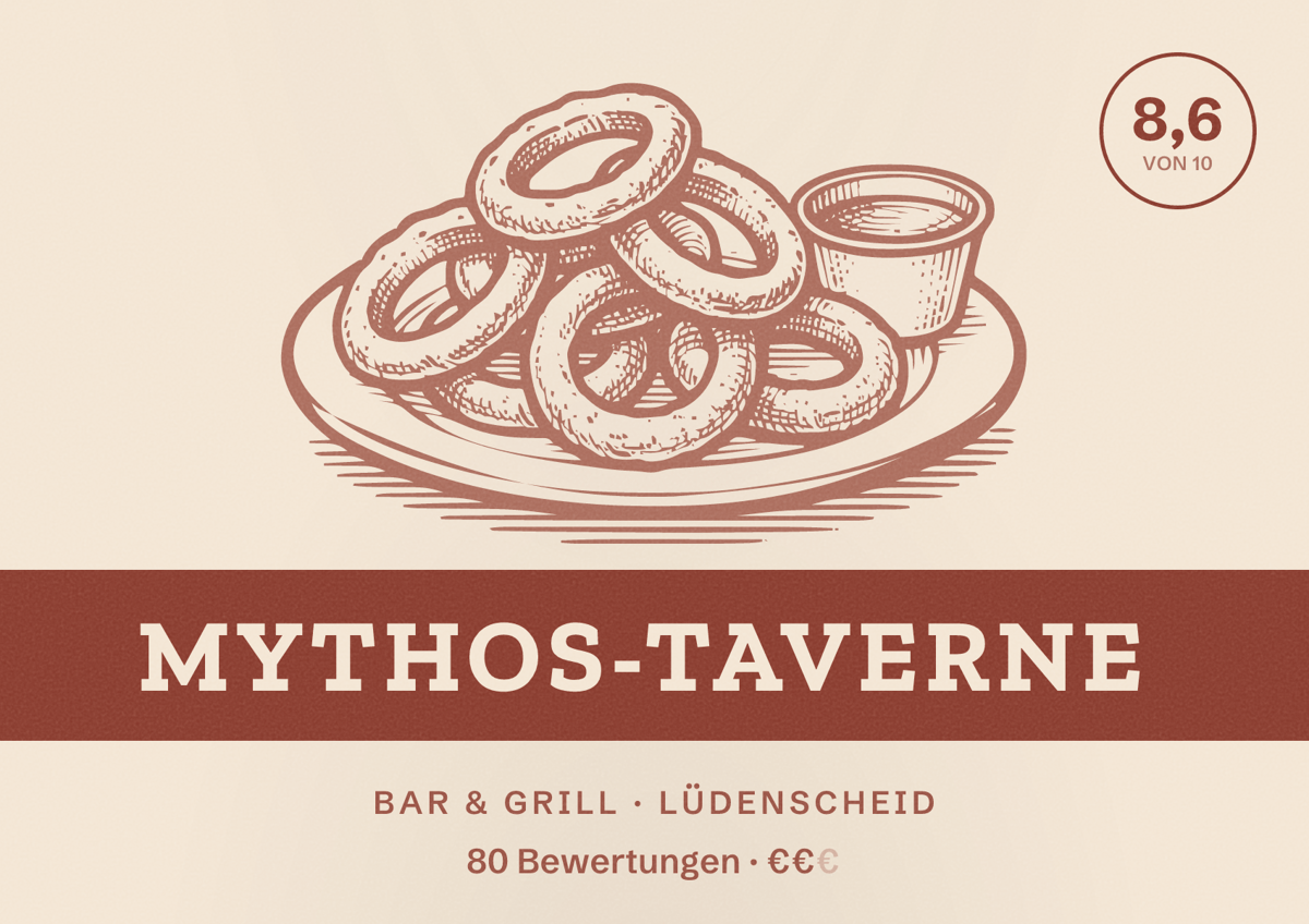 Illustriertes Poster von Mythos-Taverne, Bar & Grill in Lüdenscheid: Bewertung 8,6 von 10 aus 80 Bewertungen, Preisniveau €€