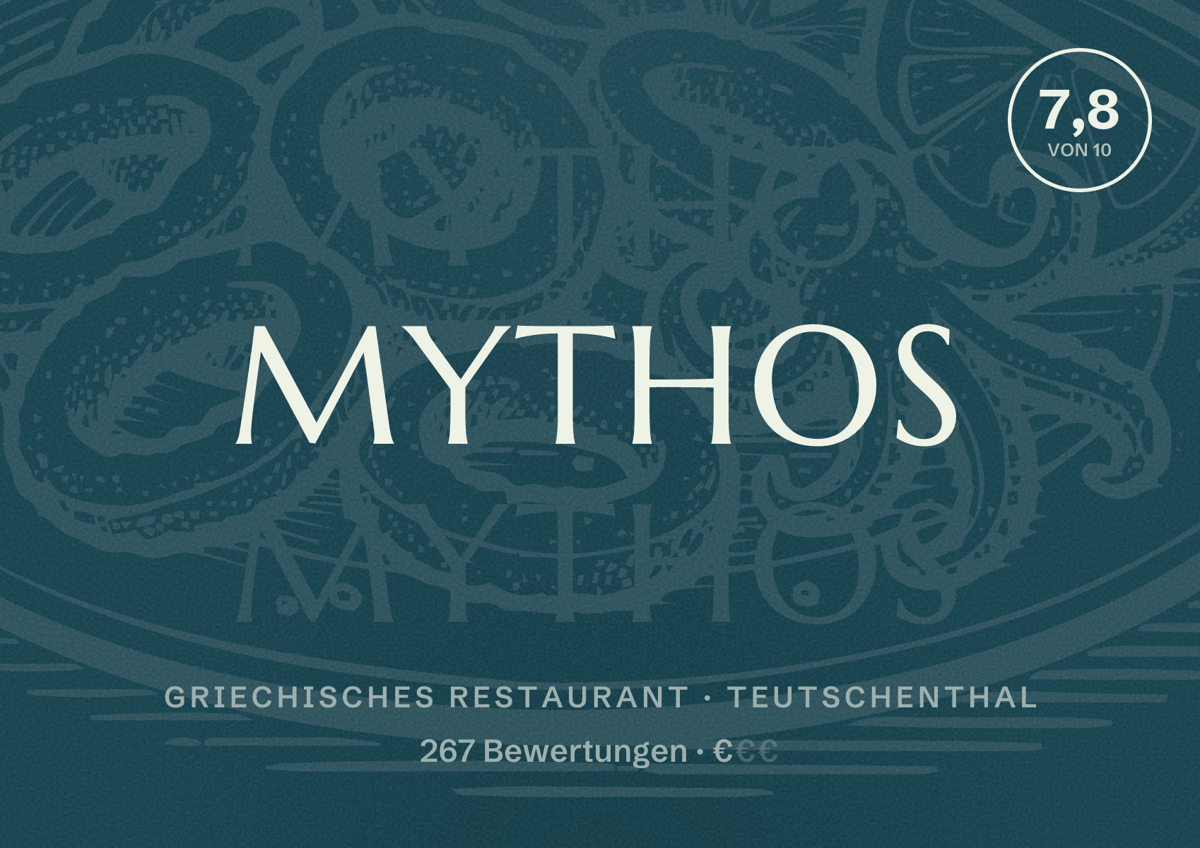 Illustriertes Poster von Mythos, Griechisches Restaurant in Teutschenthal: Bewertung 7,8 von 10 aus 267 Bewertungen, Preisniveau €