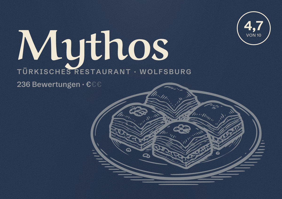 Illustriertes Poster von Mythos, Türkisches Restaurant in Wolfsburg: Bewertung 4,7 von 10 aus 236 Bewertungen, Preisniveau €