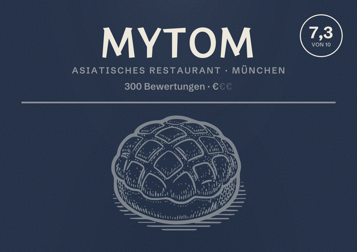 Illustriertes Poster von Mytom, Asiatisches Restaurant in München: Bewertung 7,3 von 10 aus 300 Bewertungen, Preisniveau €