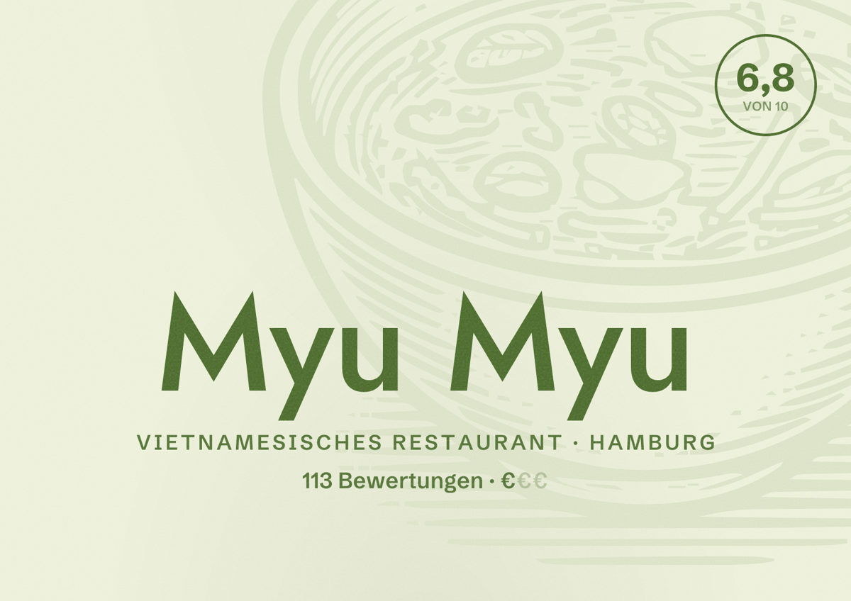 Illustriertes Poster von Myu Myu, Vietnamesisches Restaurant in Hamburg: Bewertung 6,8 von 10 aus 113 Bewertungen, Preisniveau €