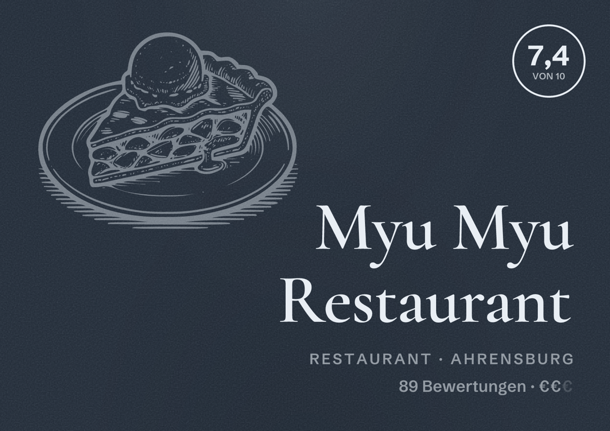 Illustriertes Poster von Myu Myu Restaurant, Restaurant in Ahrensburg: Bewertung 7,4 von 10 aus 89 Bewertungen, Preisniveau €€