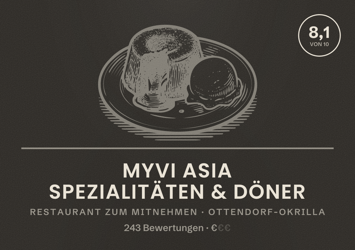 Illustriertes Poster von MyVi Asia Spezialitäten & Döner, Restaurant zum Mitnehmen in Ottendorf-Okrilla: Bewertung 8,1 von 10 aus 243 Bewertungen, Preisniveau €