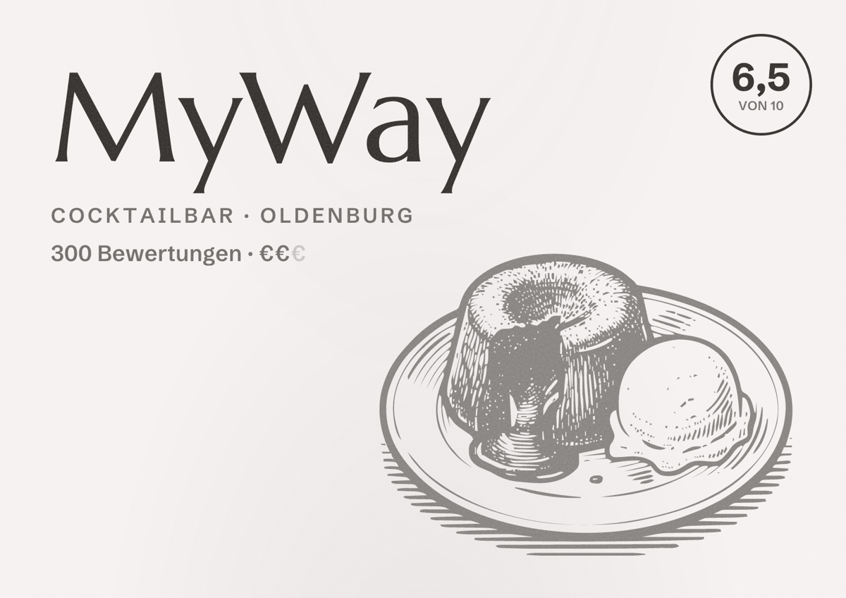 Illustriertes Poster von MyWay, Cocktailbar in Oldenburg: Bewertung 6,5 von 10 aus 300 Bewertungen, Preisniveau €€