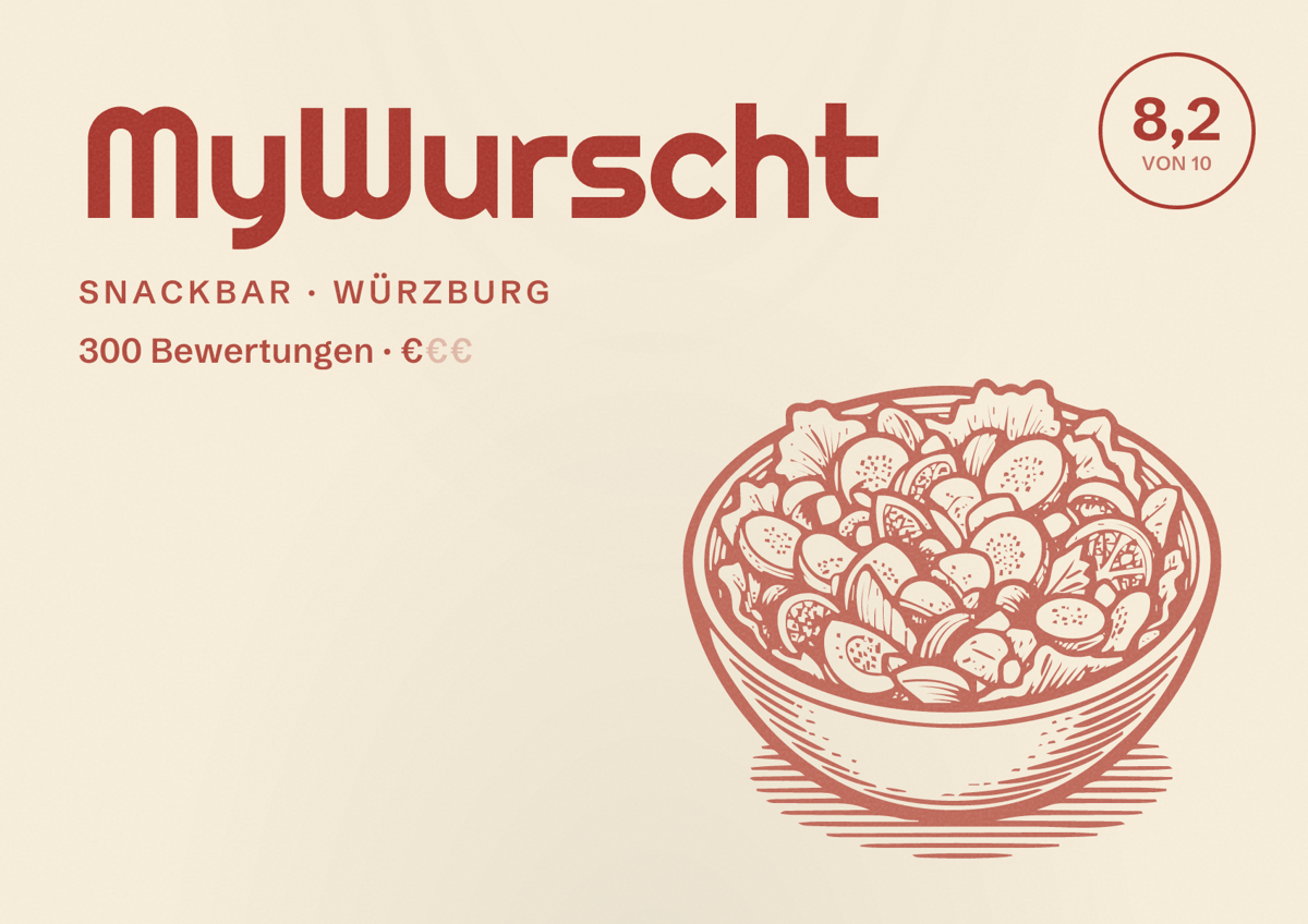 Illustriertes Poster von MyWurscht, Snackbar in Würzburg: Bewertung 8,2 von 10 aus 300 Bewertungen, Preisniveau €