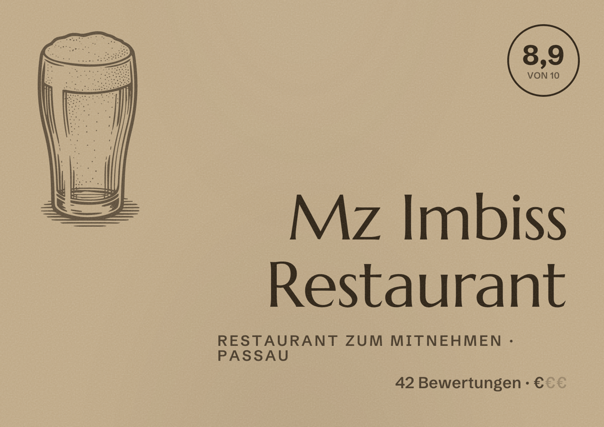Illustriertes Poster von Mz Imbiss Restaurant, Restaurant zum Mitnehmen in Passau: Bewertung 8,9 von 10 aus 42 Bewertungen, Preisniveau €