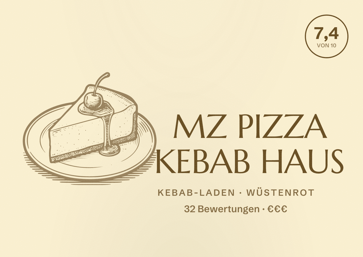 Illustriertes Poster von MZ PIZZA KEBAB HAUS, Kebab-Laden in Wüstenrot: Bewertung 7,4 von 10 aus 32 Bewertungen, Preisniveau €€€