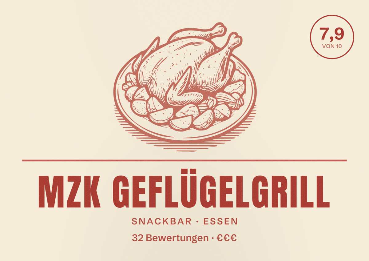 Illustriertes Poster von MZK Geflügelgrill, Snackbar in Essen: Bewertung 7,9 von 10 aus 32 Bewertungen, Preisniveau €€€