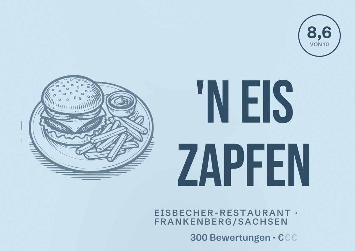Illustriertes Poster von 'n Eis zapfen, Eisbecher-Restaurant in Frankenberg/Sachsen: Bewertung 8,6 von 10 aus 300 Bewertungen, Preisniveau €
