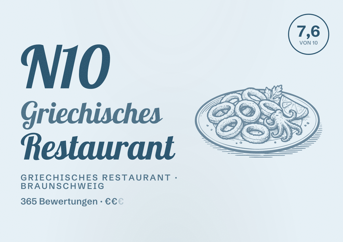 Illustriertes Poster von N10 Griechisches Restaurant, Griechisches Restaurant in Braunschweig: Bewertung 7,6 von 10 aus 365 Bewertungen, Preisniveau €€