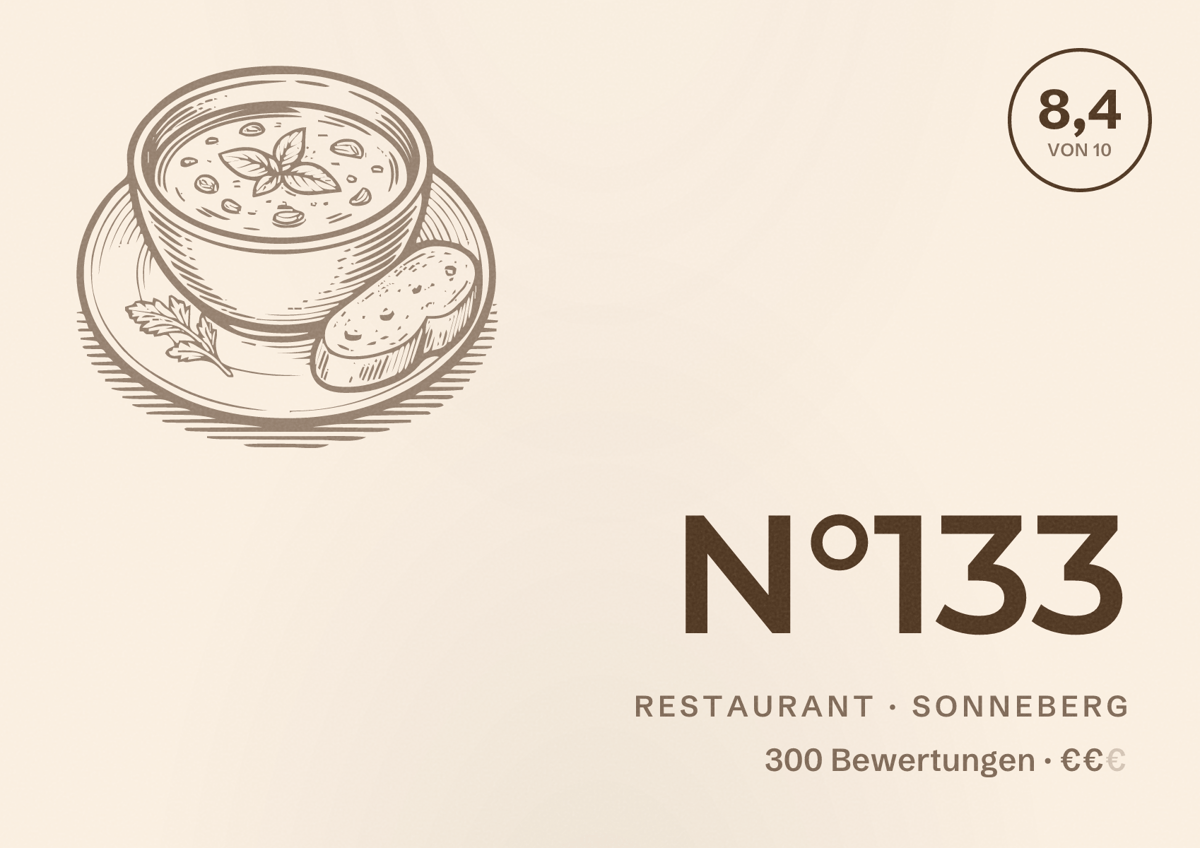 Illustriertes Poster von N°133, Restaurant in Sonneberg: Bewertung 8,4 von 10 aus 300 Bewertungen, Preisniveau €€