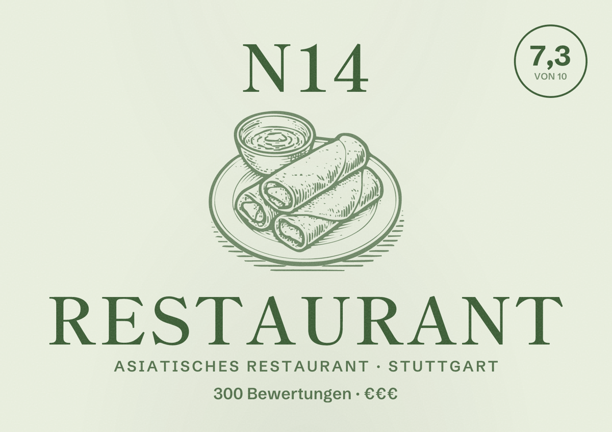 Illustriertes Poster von N14 Restaurant, Asiatisches Restaurant in Stuttgart: Bewertung 7,3 von 10 aus 300 Bewertungen, Preisniveau €€€