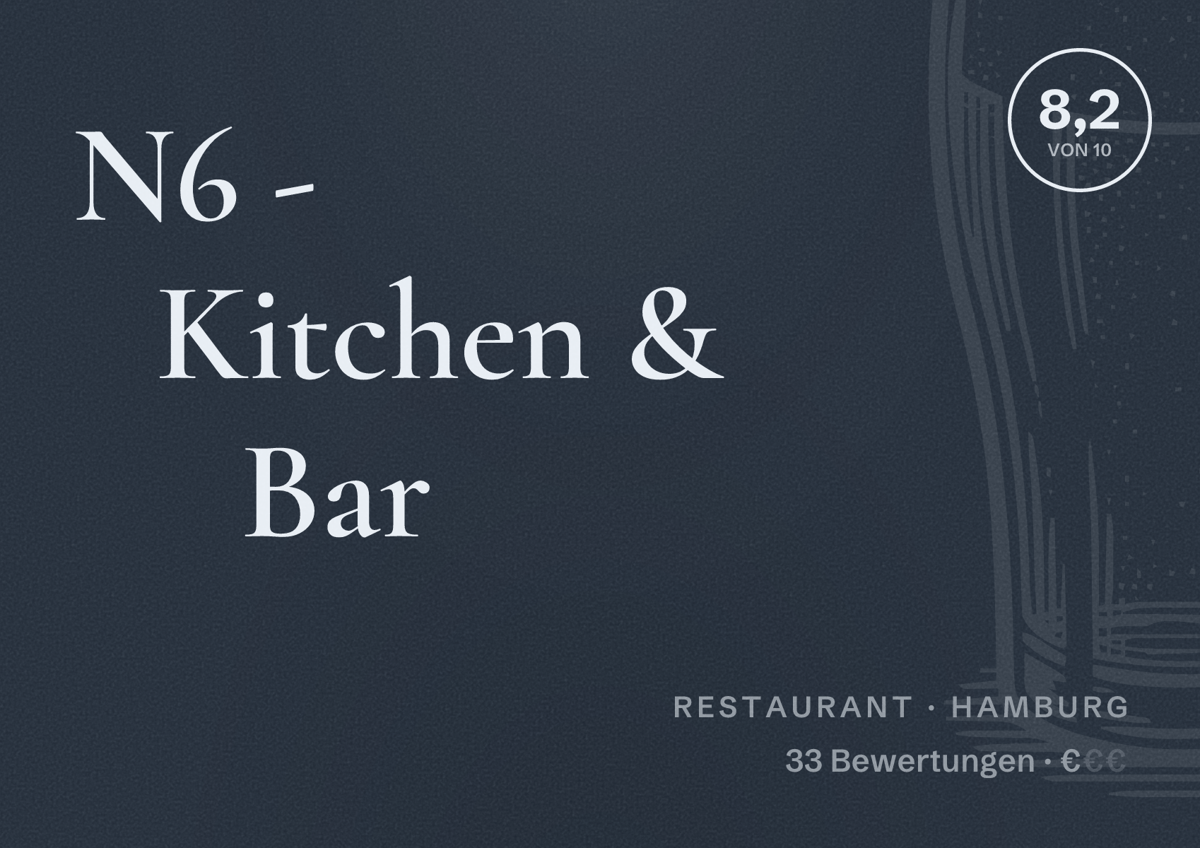 Illustriertes Poster von N6 - Kitchen & Bar, Restaurant in Hamburg: Bewertung 8,2 von 10 aus 33 Bewertungen, Preisniveau €