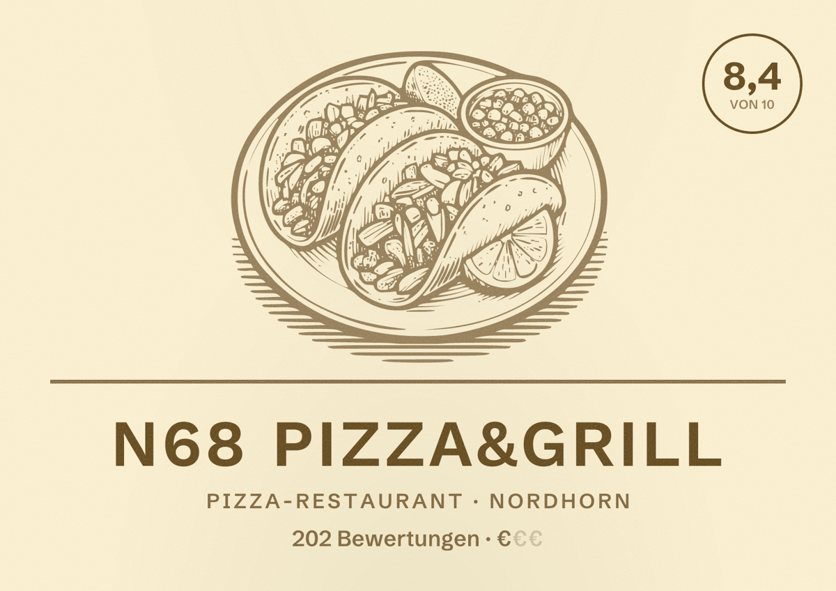 Illustriertes Poster von N68 Pizza&Grill, Pizza-Restaurant in Nordhorn: Bewertung 8,4 von 10 aus 202 Bewertungen, Preisniveau €