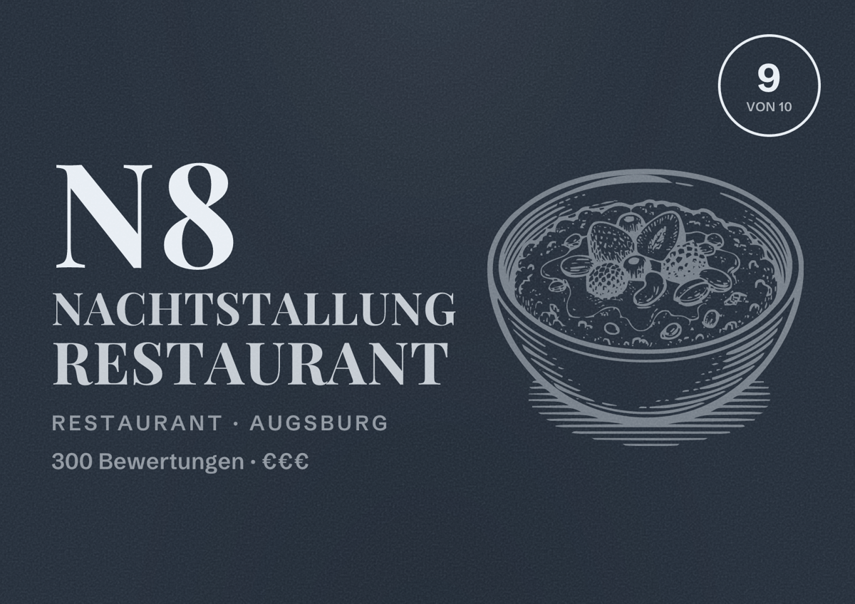 Illustriertes Poster von N8 NachtStallung Restaurant, Restaurant in Augsburg: Bewertung 9,0 von 10 aus 300 Bewertungen, Preisniveau €€€