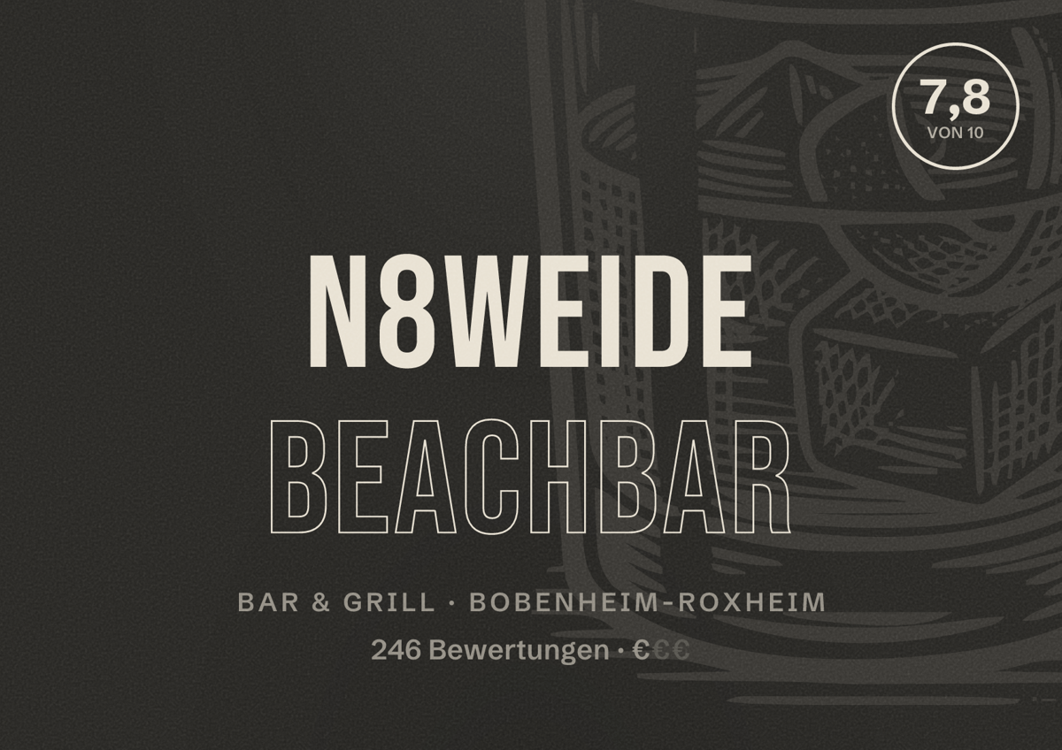 Illustriertes Poster von N8Weide Beachbar, Bar & Grill in Bobenheim-Roxheim: Bewertung 7,8 von 10 aus 246 Bewertungen, Preisniveau €