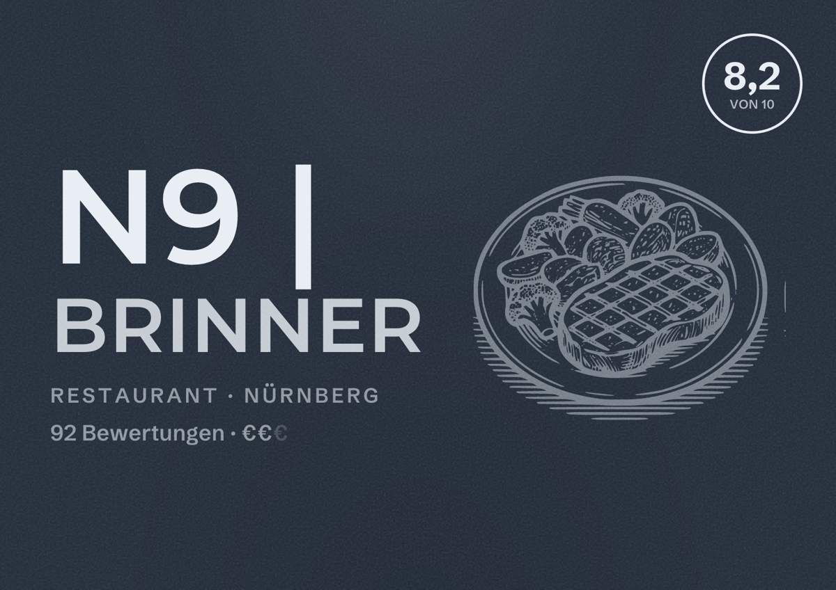Illustriertes Poster von N9 | Brinner, Restaurant in Nürnberg: Bewertung 8,2 von 10 aus 92 Bewertungen, Preisniveau €€