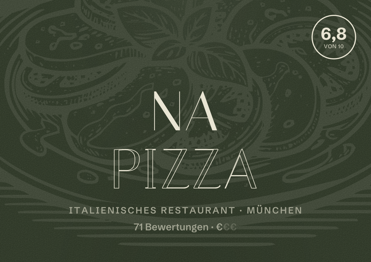 Illustriertes Poster von na pizza, Italienisches Restaurant in München: Bewertung 6,8 von 10 aus 71 Bewertungen, Preisniveau €