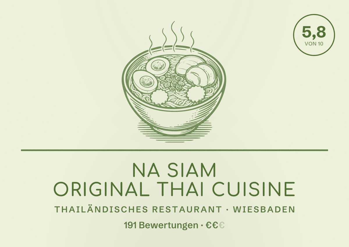 Illustriertes Poster von Na Siam Original Thai Cuisine, Thailändisches Restaurant in Wiesbaden: Bewertung 5,8 von 10 aus 191 Bewertungen, Preisniveau €€