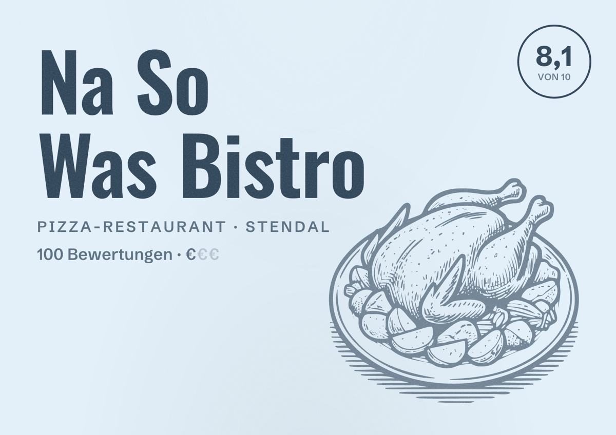 Illustriertes Poster von Na So Was Bistro, Pizza-Restaurant in Stendal: Bewertung 8,1 von 10 aus 100 Bewertungen, Preisniveau €