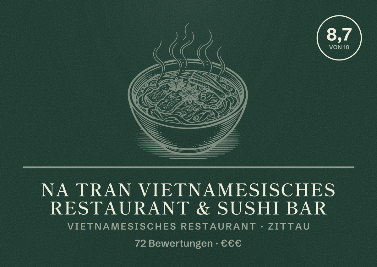 Illustriertes Poster von Na Tran Vietnamesisches Restaurant & Sushi Bar, Vietnamesisches Restaurant in Zittau: Bewertung 8,7 von 10 aus 72 Bewertungen, Preisniveau €€€