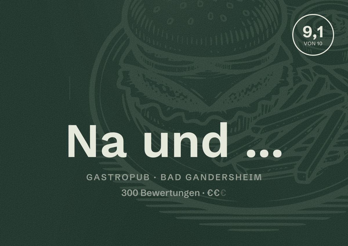 Illustriertes Poster von Na und ..., Gastropub in Bad Gandersheim: Bewertung 9,1 von 10 aus 300 Bewertungen, Preisniveau €€