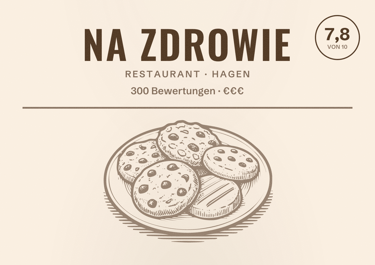 Illustriertes Poster von Na Zdrowie, Restaurant in Hagen: Bewertung 7,8 von 10 aus 300 Bewertungen, Preisniveau €€€