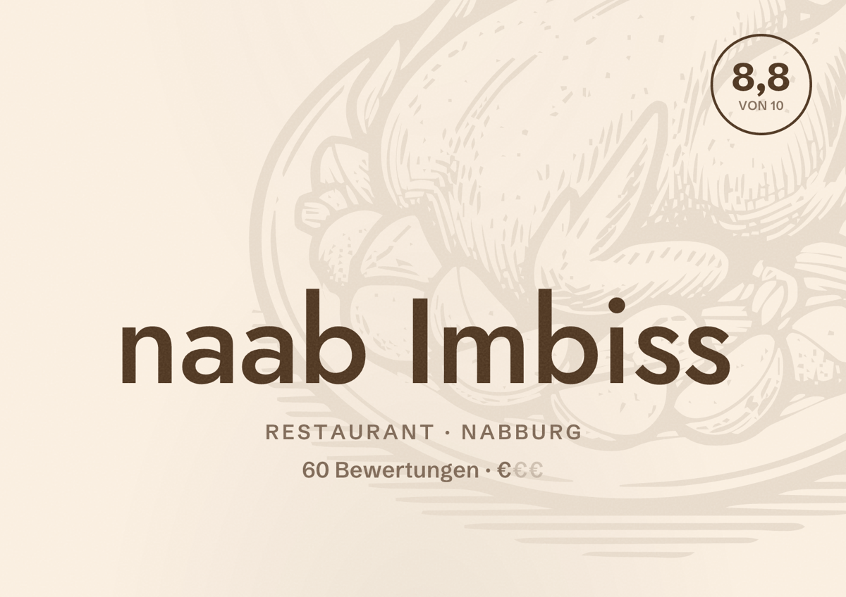 Illustriertes Poster von naab Imbiss, Restaurant in Nabburg: Bewertung 8,8 von 10 aus 60 Bewertungen, Preisniveau €